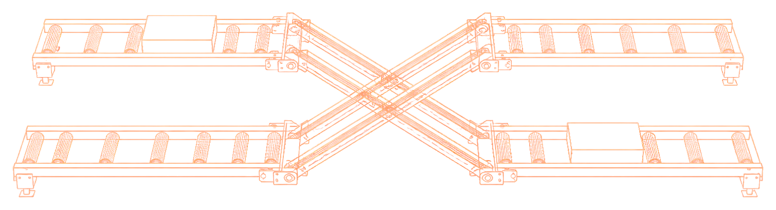 Wireframe drawing of two roller lanes exchanging through an X of transfer bridges.