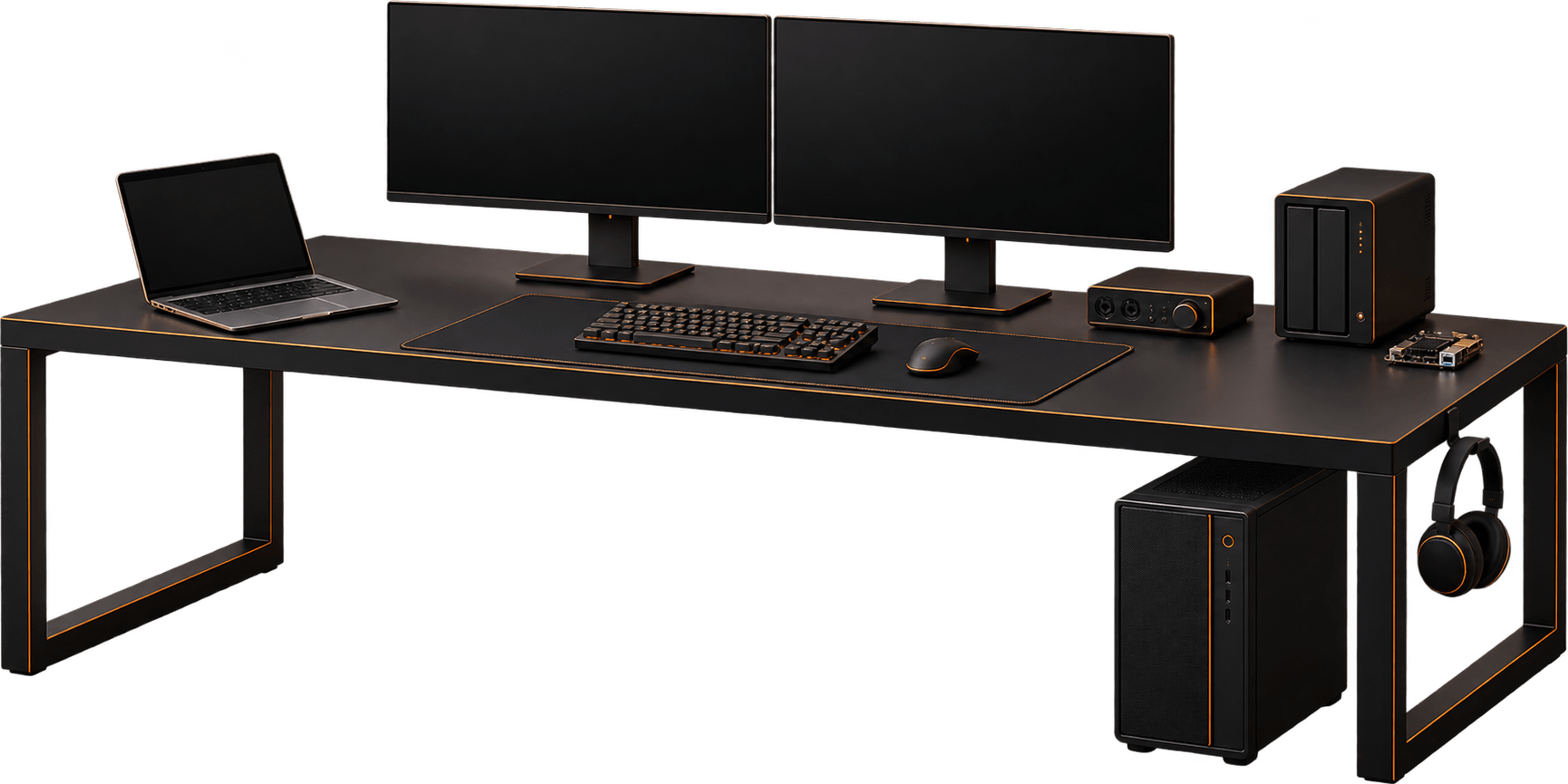Stylized black and copper workbench with two monitors, a desktop tower, MacBook Air, Synology NAS, Raspberry Pi, USB audio interface and headphones on a hook.